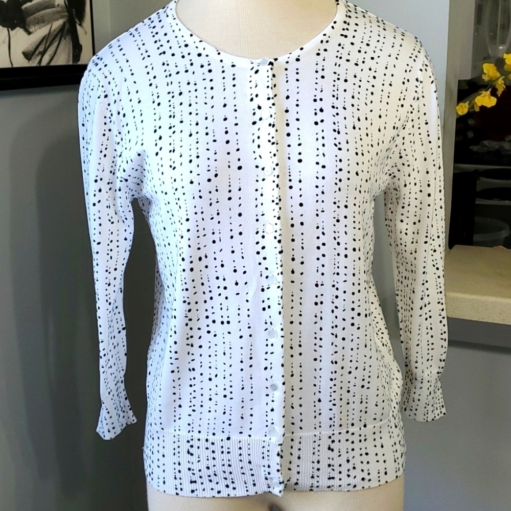 New Options, white with black dots‎ cardigan sweater. Size petite medium.…